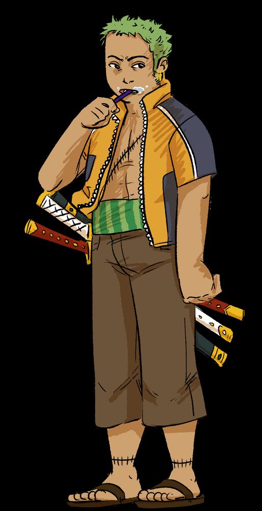 a digital illustration of Zoro brushing his teeth instead of being normal