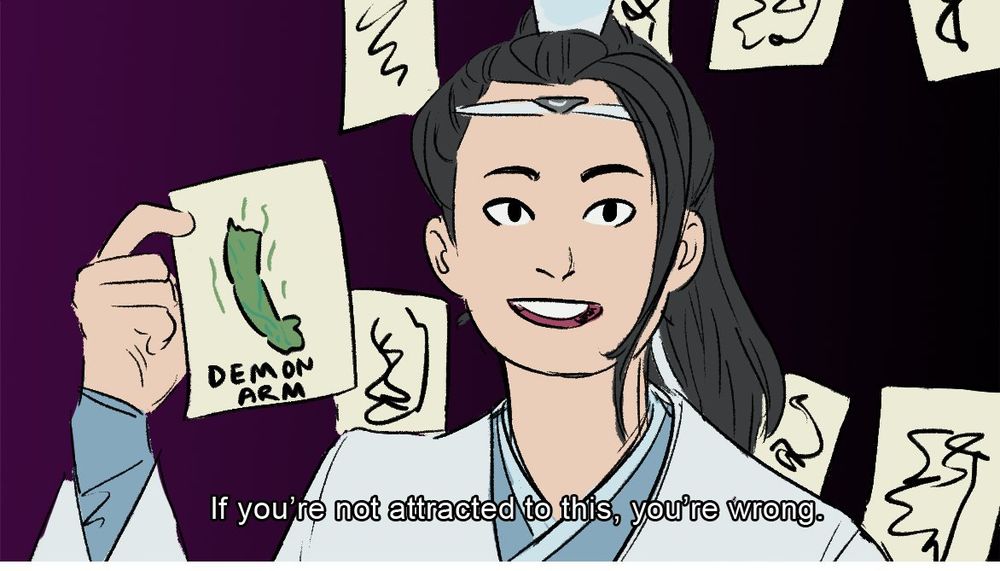 redraw of a screenshot from Brian David Gilbert's "Unraveled" series, with Lan Jingyi as Brian, holding up a piece of paper that says "demon arm". The caption reads, "If you're not attracted to this, you're wrong."