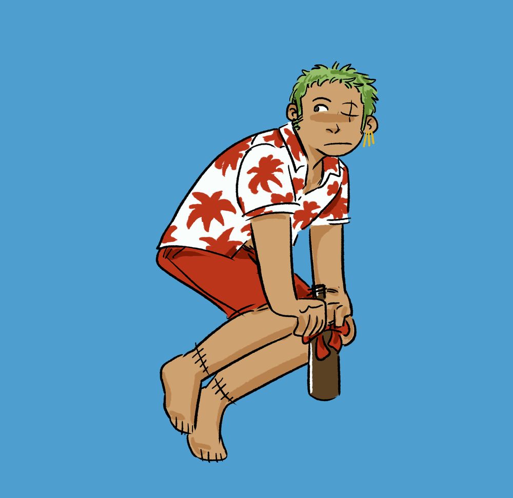 a digital illustration of Roronoa Zoro in red shorts and a red and white Hawaiian shirt