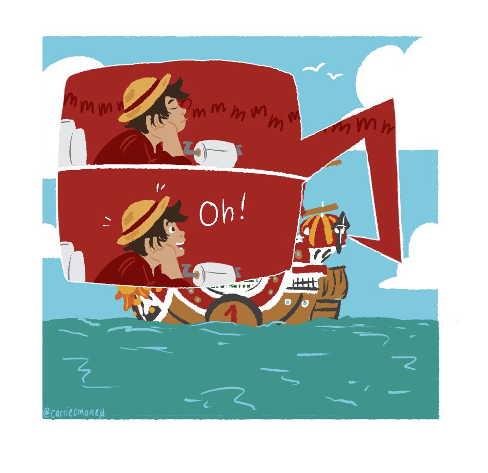 a digital illustration of the Thousand Sunny ship on a calm sea. Luffy is shown in a cutout, humming on the toilet before an idea comes to him.