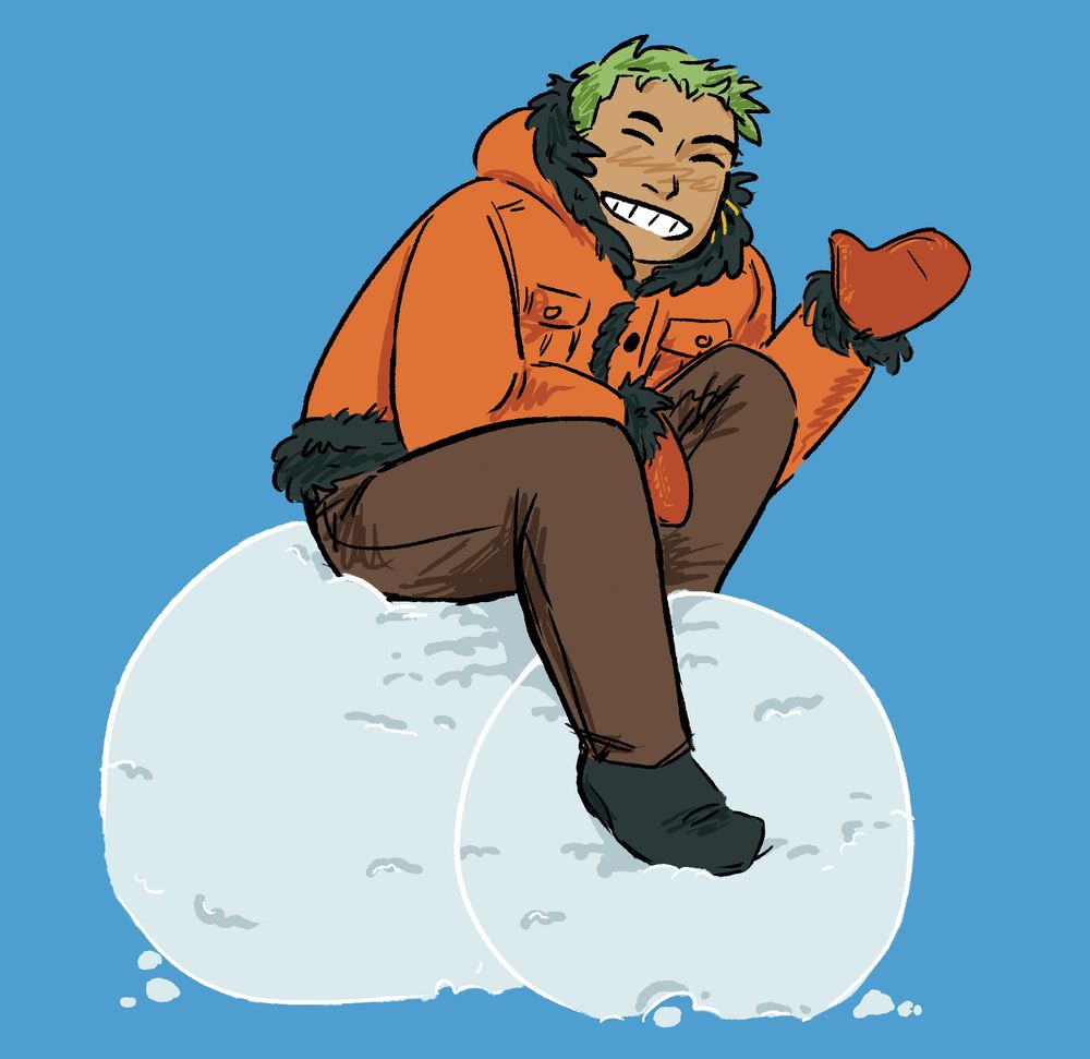 a digital illustration of Roronoa Zoro in winter gear, sitting on top of snowballs and waving cheekily at the viewer