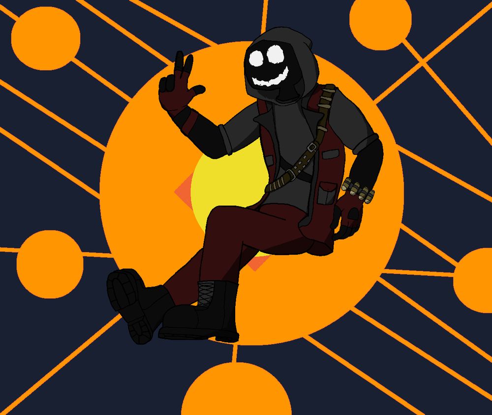 A drawing of an anthropomorphic shadow person wearing a hoodie, red colored combat gear and floating in a void Sonic Adventure style.