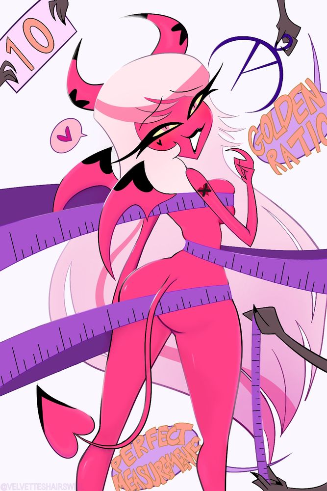 fanart of Verosika draped in meauring tape as Velvette holds up a golden means caliber to her face and measuring tape to her legs, declaring that she has a "Golden Ratio" face and "Perfect Measurements" body. 