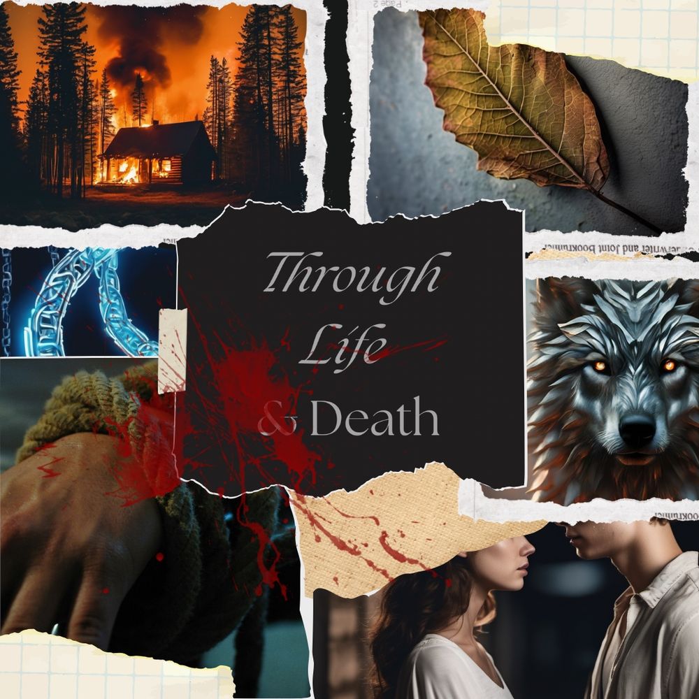 Collage of images representing one of my novels, dark vibes with blood, a tied up person, glowing chain, and Through Life and Death and centered