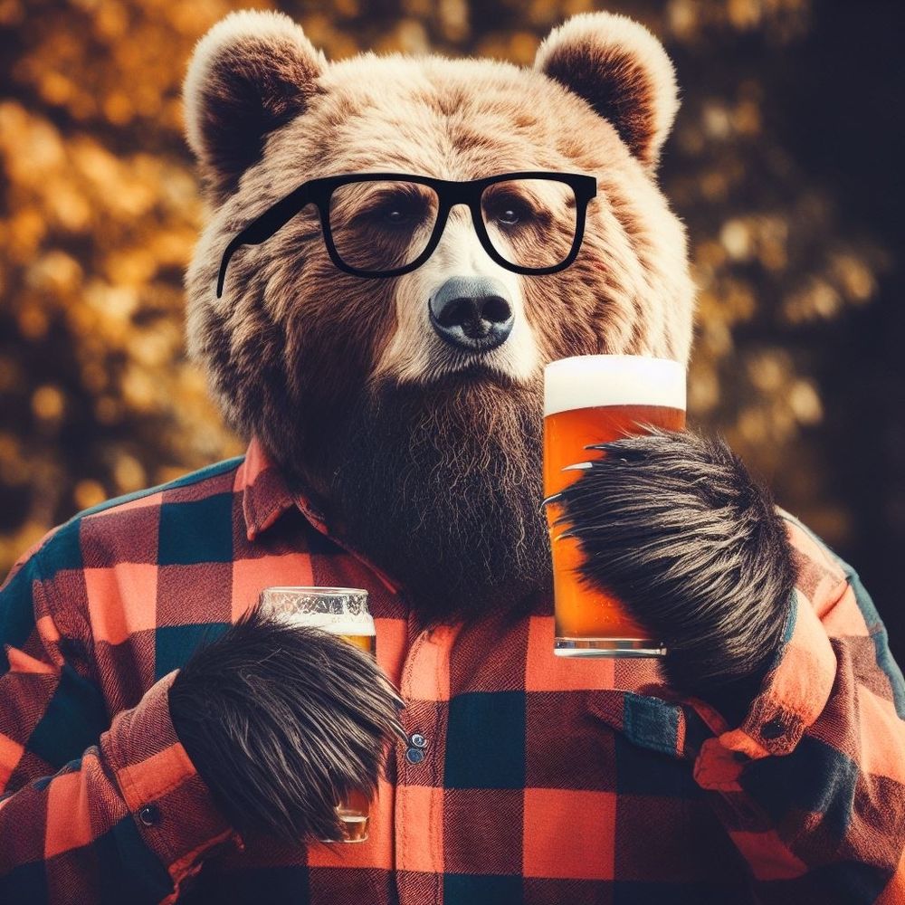 A grizzly bear in a plaid shirt, standing upright wearing black rimmed glasses, and holding two beers (AI generated)