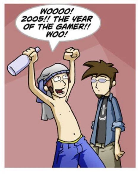 A comic panel from Ctrl+Alt+Del. The text reads “WOOOO! 2005!! THE YEAR OF THE GAMER!! WOO!”