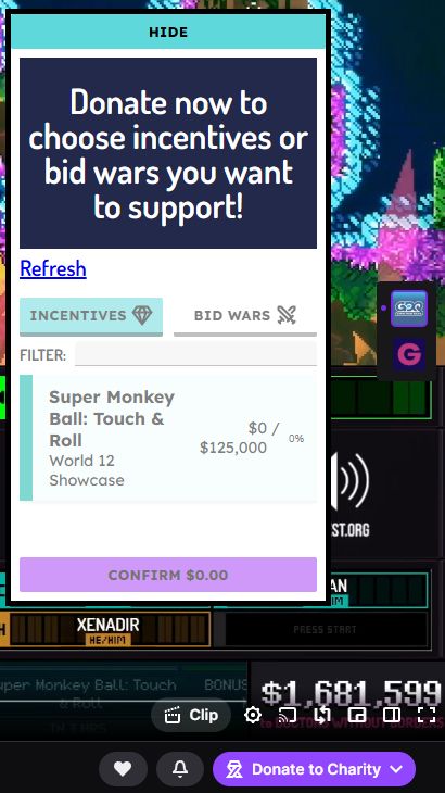 A screenshot of GDQ's twitch broadcast featuring the donation twitch extension