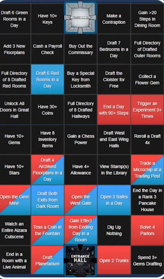 A screenshot of a 'bingo' board from Blue Prince "B Quest" mode. Most squares are black, a few are red, a few are blue, and some are both red and blue with a diagonal shape separating the two colors