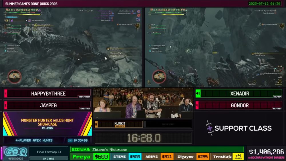 A screenshot of gameplay from Summer Games Done Quick 2025 featuring 4 players playing through Monster Hunter Wilds. 2 gameplay screens are visible