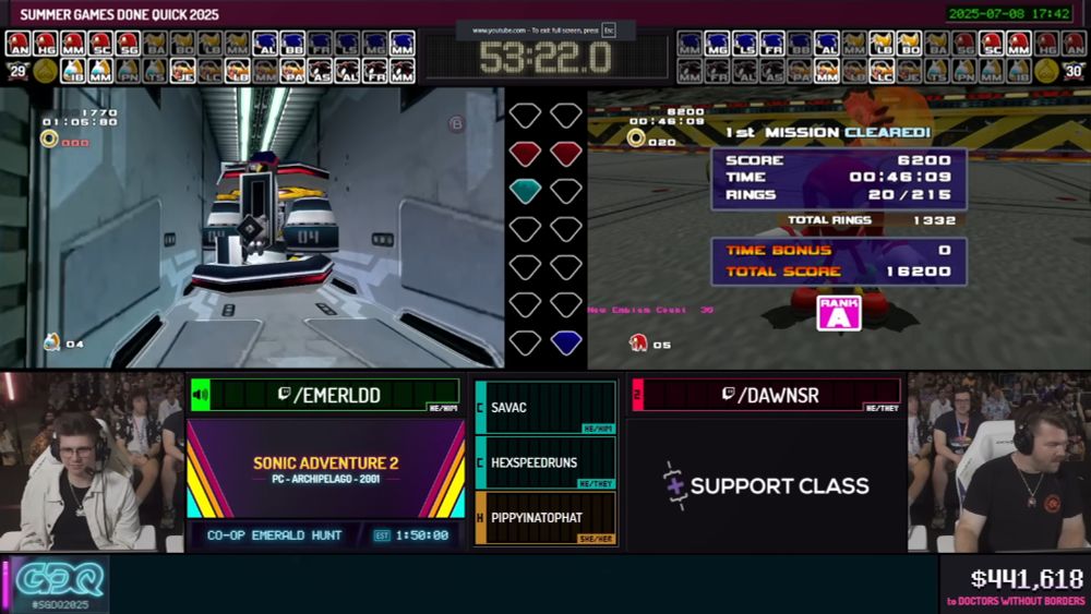 A screenshot from SGDQ 2025, featuring Sonic Adventure 2. 2 gameplay feeds are visible, along with tracker graphics to show which items/emeralds have been collected by each player