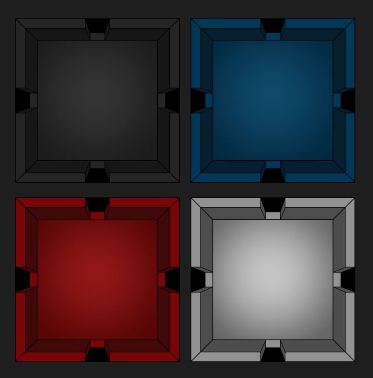 A bird's eye view of a square room with doors on four sides. It's shown four times in four different colors: Black, Blue, Red, and White