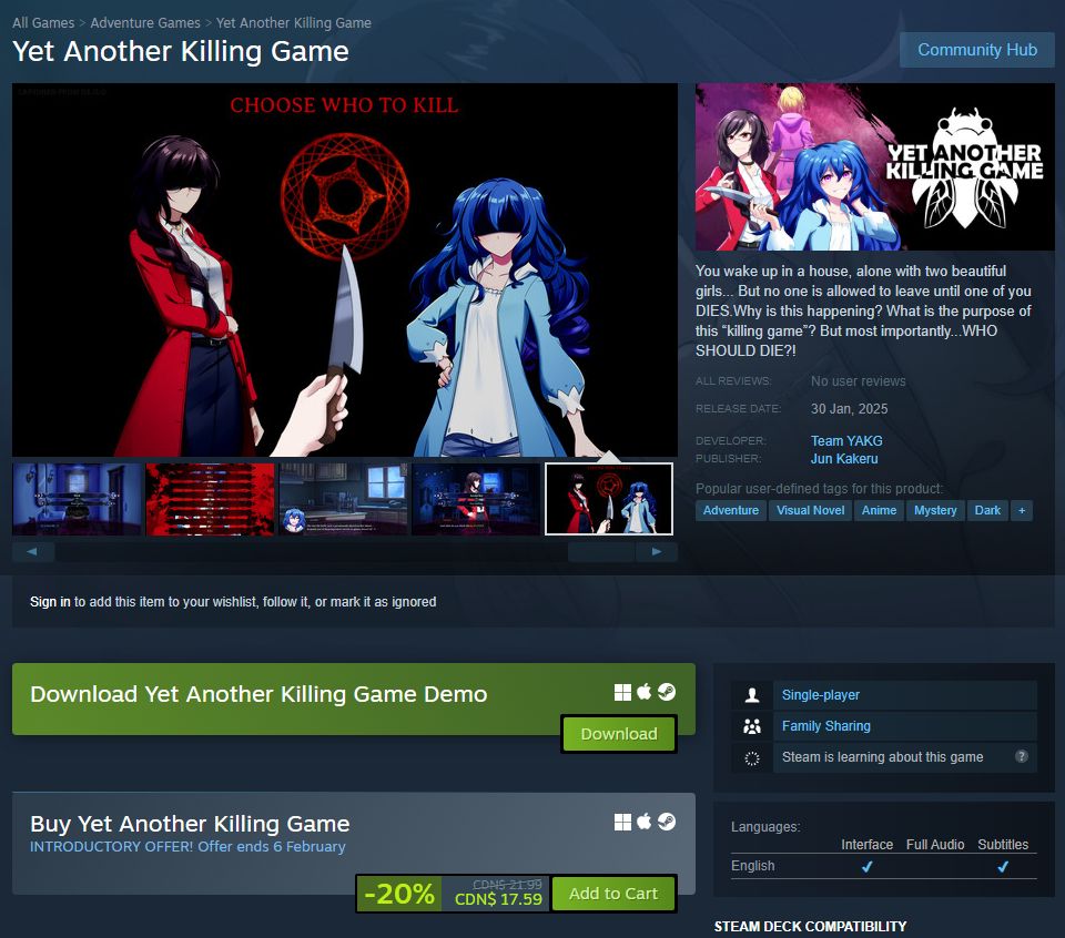 A screen capture of the Steam store page of Yet Another Killing Game, on sale...now. TODAY. RIGHT NOW! GO BUY IT!!