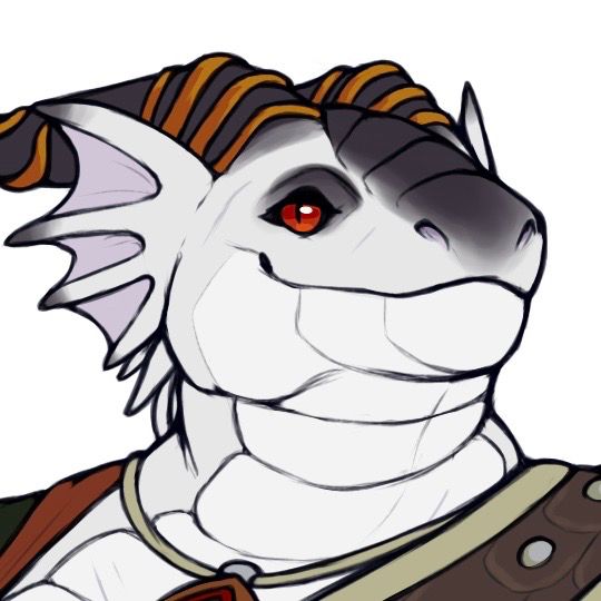 A bust shot of a dragon woman with black and white scales, horns with copper ornamentation fin-like ears, red slit eyes, and eyeliner. She has a thick neck, and a komodo dragon-esque face that wears a smirk.
