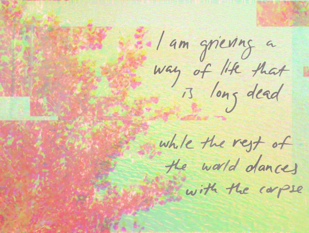 A digitally altered photo of a tree overlooking a river. The tree is pink and the water is a faint greenish color. On the right hand side over the water is hand written text that reads "I am grieving a way of life that is long dead while the rest of the world dances with the corpse"