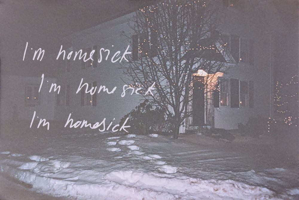 A grainy photo of a white house and a snowy yard, the photo is taken at night with flash. There are Christmas lights in the windows, as well as strung up on the trees and bushes out front. There are footprints in the snow leading towards the house. In white handwritten text reads "I'm homesick I'm homesick I'm homesick"
