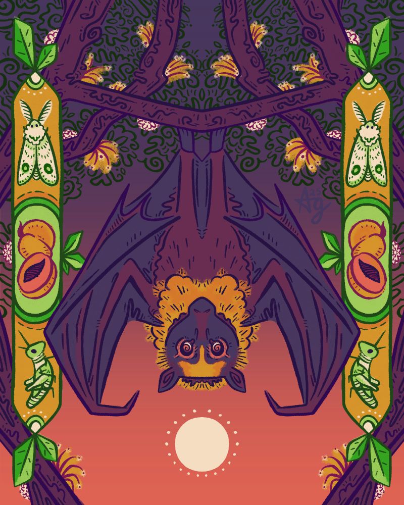 Example illustration of a fruit bat. Because of the extra details, this would cost more than my base price.