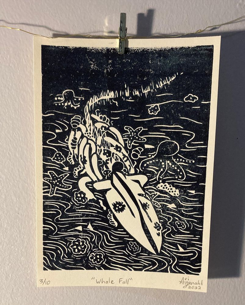 Whale fall lino print