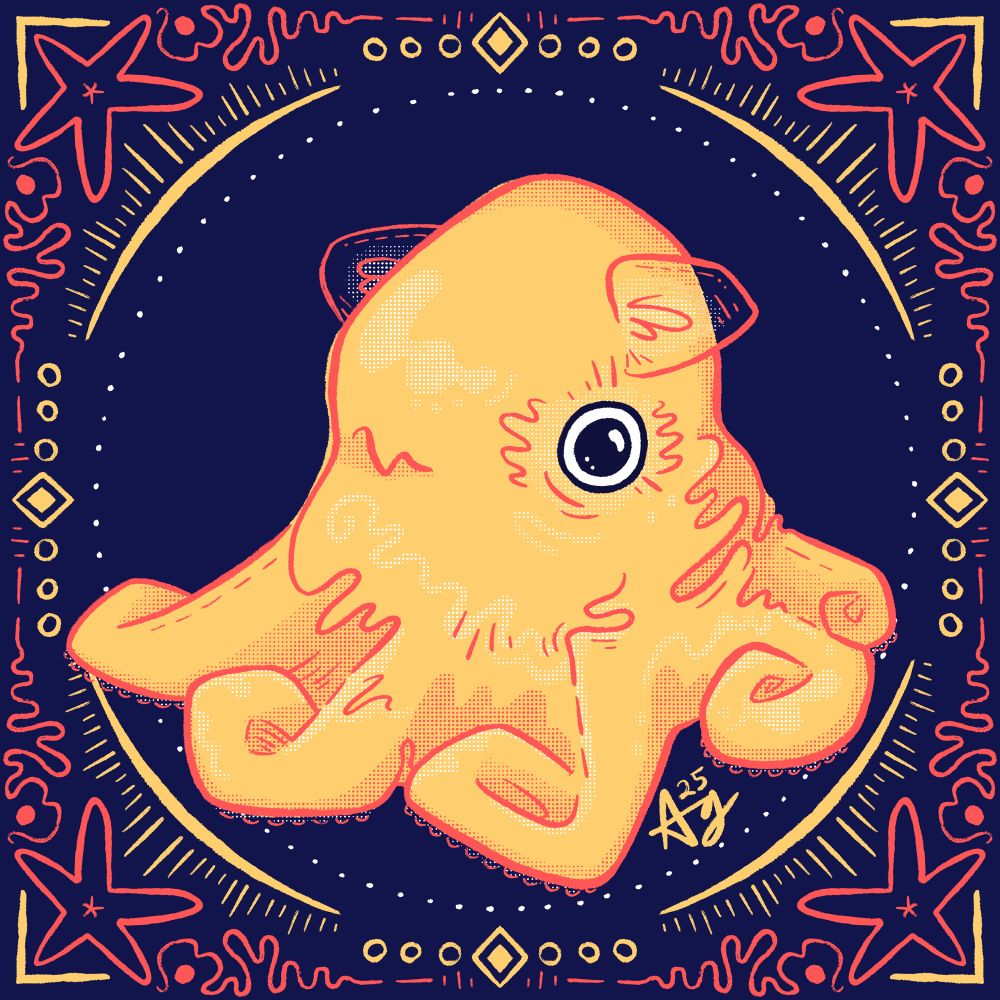 Stylized drawing of a yellow incirrate octopus with a ring of yellow and pink doodles around it