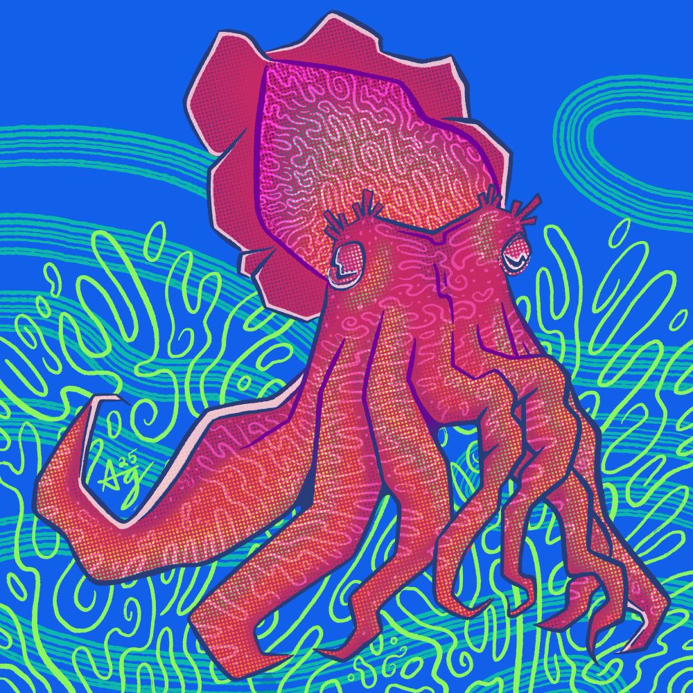 Illustration of a large red cephalopod with huge arms and white swirls on its skin. The background is blue with green swirls that are vaguely reminiscent of sea flora