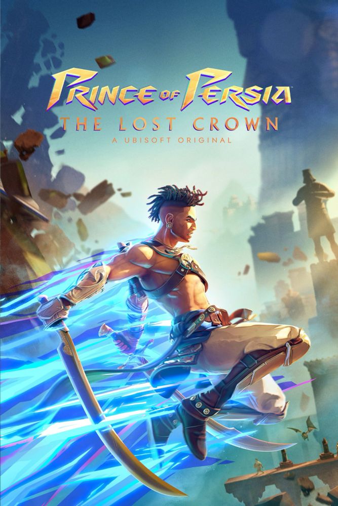 Art for The Lost Crown. Sargon leaps forward before a crumbling world, blue streaks rushing from his back as he holds his blades