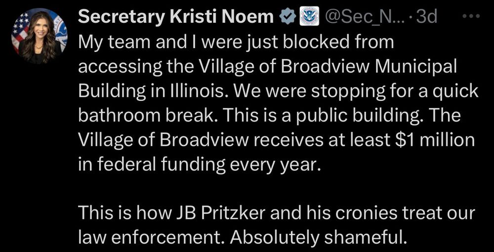 team and I were just blocked from accessing the Village of Broadview Municipal Building in Illinois. We were stopping for a quick bathroom break. This is a public building. The Village of Broadview receives at least $1 million in federal funding every year.

This is how JB Pritzker and his cronies treat our law enforcement. Absolutely shameful.
