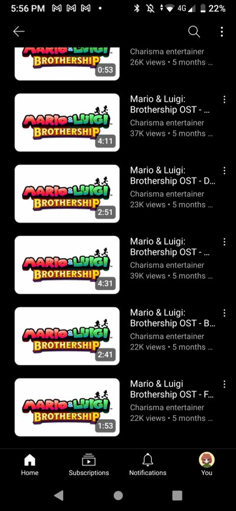 A playlist of YouTube uploads of the music from Mario & Luigi: Brothership. This playlist suffers from the same issue as the previous two playlists.