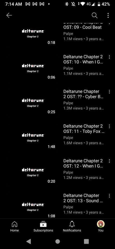A playlist of YouTube uploads of the music from DeltaRune: Chapter 2. Notably, the song titles are somewhat cutoff from a quick glance because of how the game title is formatted to appear before the song titles.