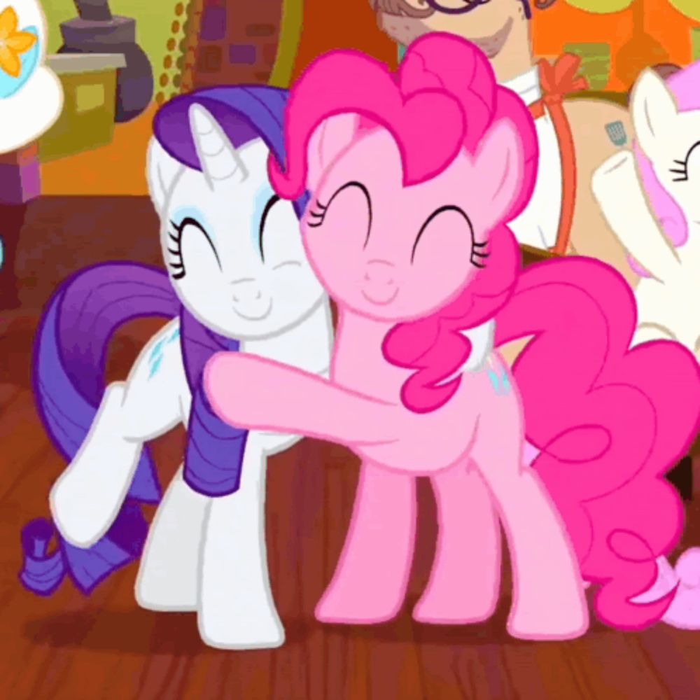 pinkie pie and rarity are hugging in a cartoon