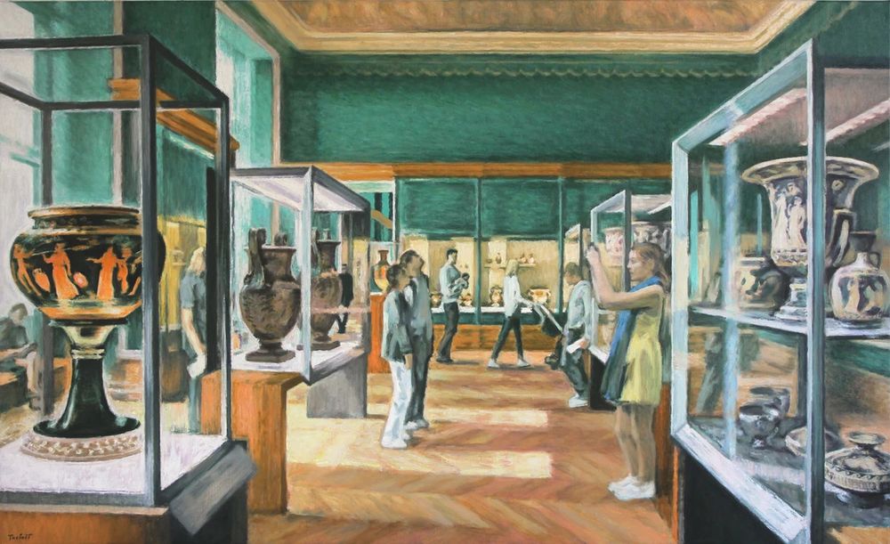 A painting of the Galerie Campana, Musée du Louvre. Greek vases in display cases, in a bright room with a few visitors
