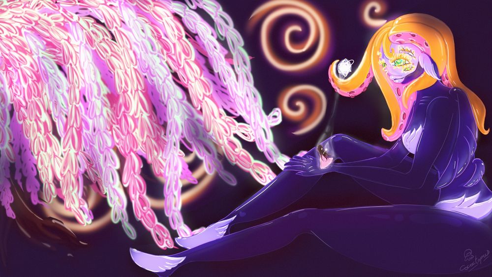 In a universe where soulmates and destinies intertwine, Hypalawipusa is a mystical giant, guardian of the invisible bonds between beings. Connected to the universal space, she uses her tentacle-like hair to link souls destined to meet, transcending centuries and dimensions.
Legend has it that those who encounter a giant pink weeping willow may gain access to her sanctuary. This magical willow, with its cascading branches and silky blossoms, serves as a portal to her realm. There, Hypalawipusa offers visitors a rare opportunity: they can ask to alter their destiny or forge a pure connection with her.
Thus, Hypalawipusa watches over the harmony of souls and encounters, guiding those who seek their path toward profound and eternal connections.
