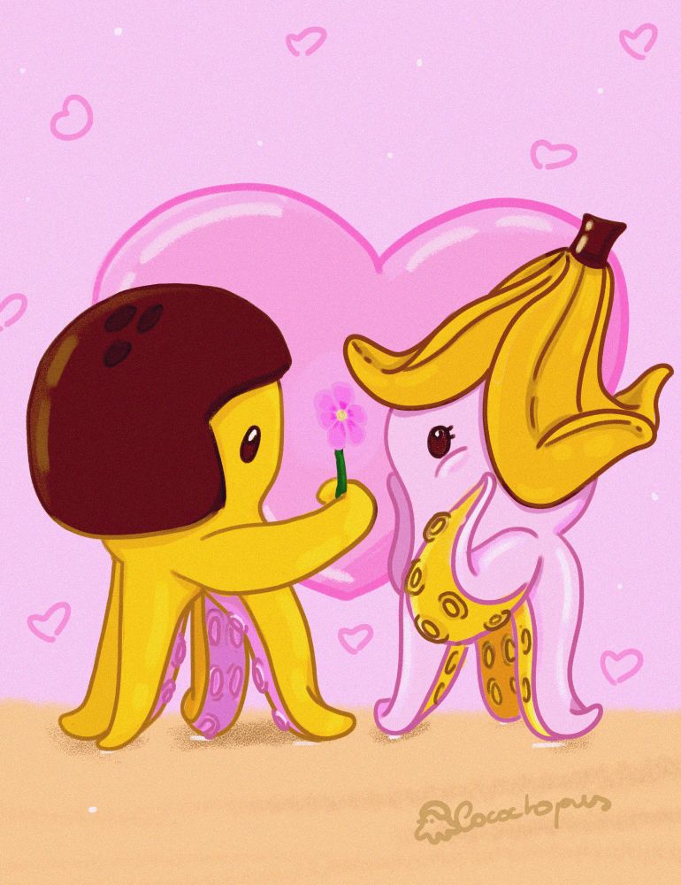 Yellow octopus with coconuts hat give flower to a pink octopus with banana hat. Heart in background