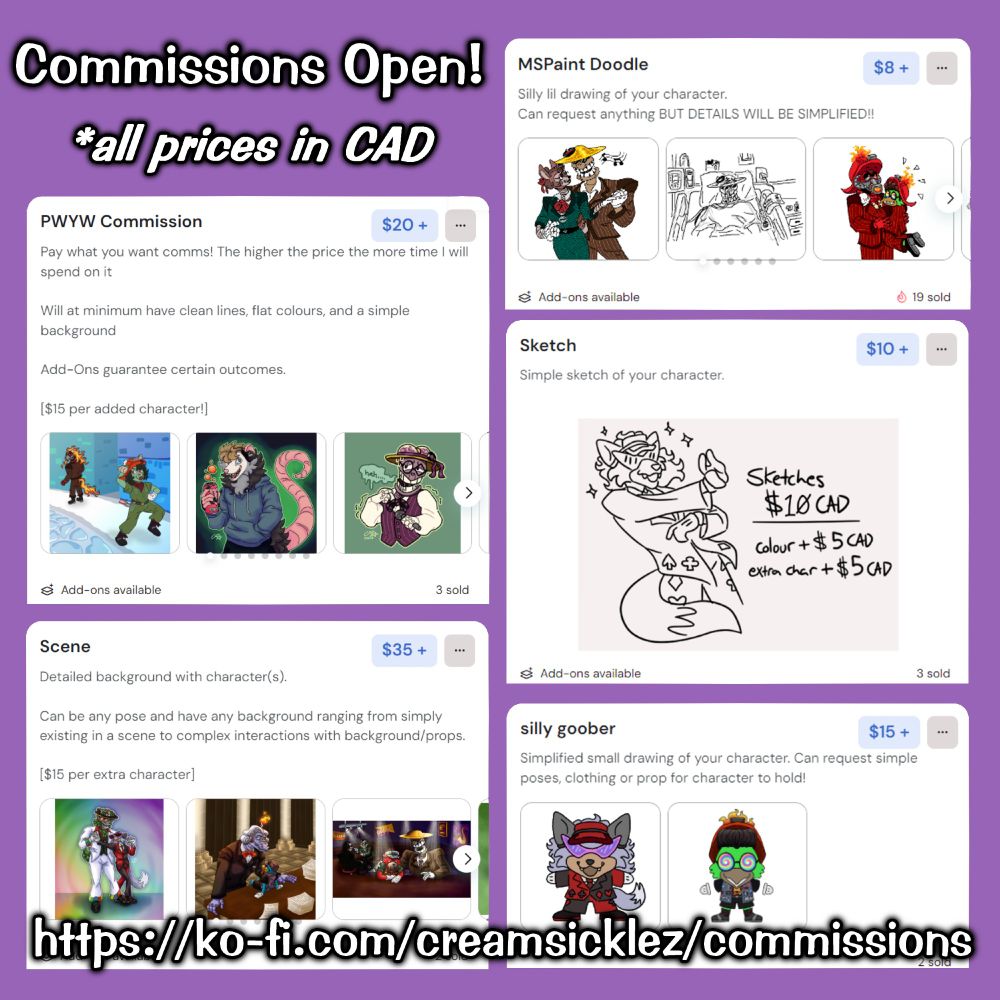 commission prices and kofi listings. Pay What You Want option starting at $20, Scenes starting at $35, MSPaint Doodles starting at $5, Sketches starting at $10, Silly Goober Chibis for $15