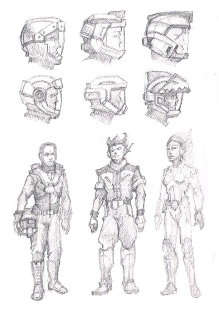 Pencil sketches of sci-fi hover vehicle pilots