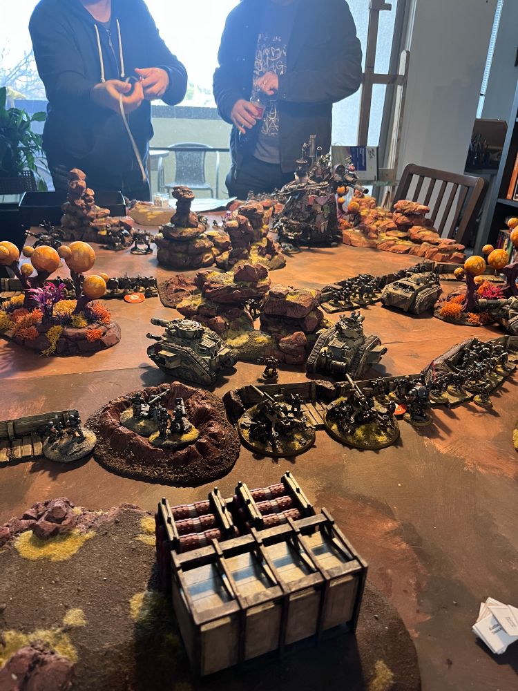 Stop the Stompa 40K game of orks vs Astra militarum. Lots of dreads, kills kans and of course the Stompa vs mixed guard infantry and tanks 