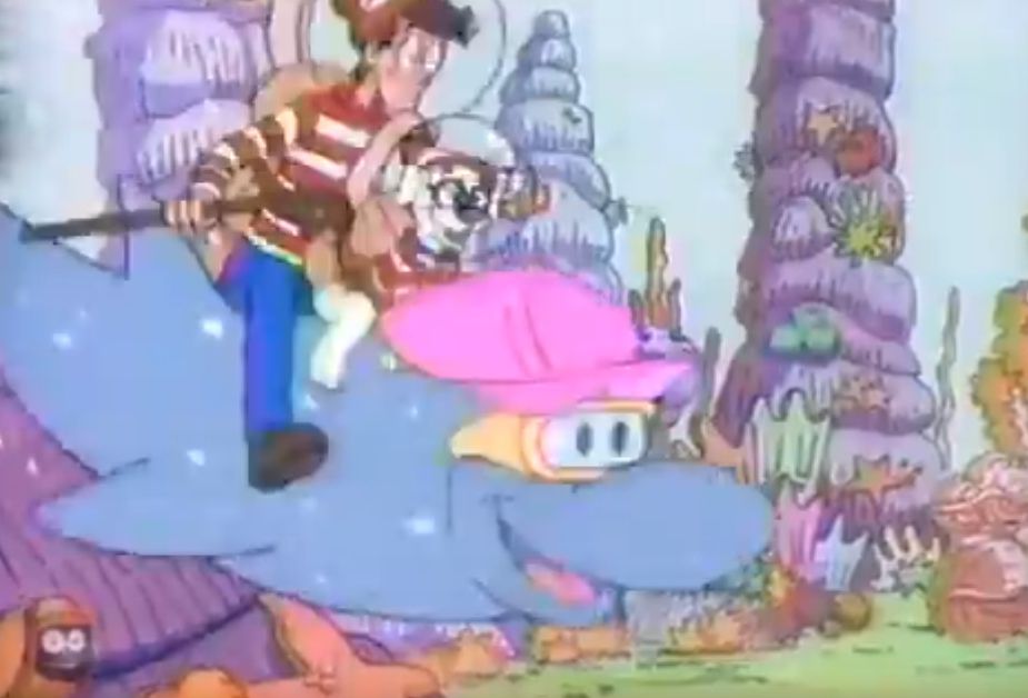 Screenshot from the intro to the Where's Wally / Where's Waldo cartoon featuring Waldo and his dog Woof riding on a dolphin that has a big smile and is wearing goggles