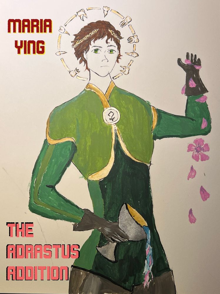 a mockup of a cover for the novel "The Adrastus Addition" by Maria Ying showing Adrastus tipping out a cup while dropping Oleander petals from his other hand. His head is haloed by a ring of teeth, and he wears a wheat wreath in his hair. He is wearing a many shades of green pilot uniform, based on the designs by @lotus-ws.itch.io‬