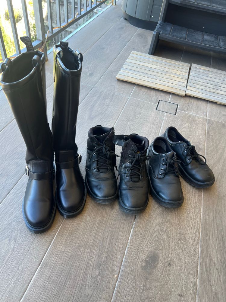 a knee high leather boot, an ankle high boot, and a pair of leather shoes