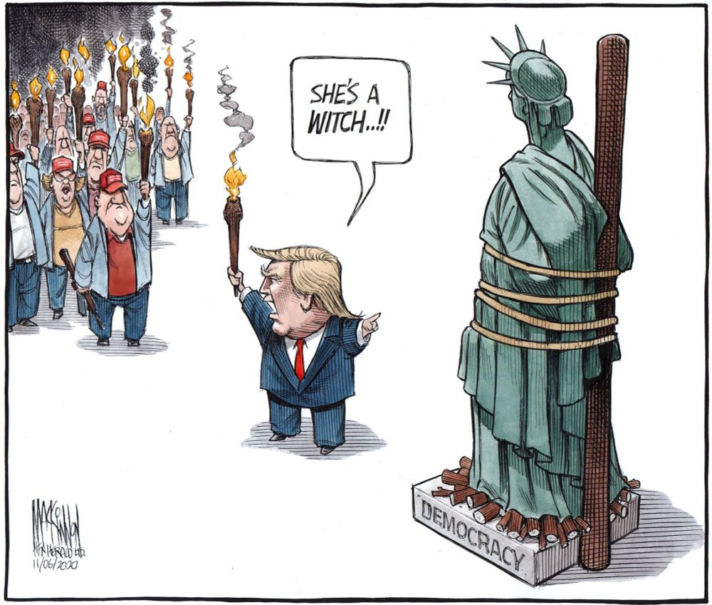 Cartoon Donald Trump holding a torch. The Statue of Liberty is tied to a large stake and ready to be burned alive. A MAGA crowd is standing with torches in their hands. Cartoon Donald Trump says "she's a witch".