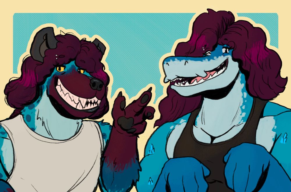 sangu, a blue spotted hyena grinning while holding up their hand, and gummy, a blue shark smiling while doing a gay lil hand pose