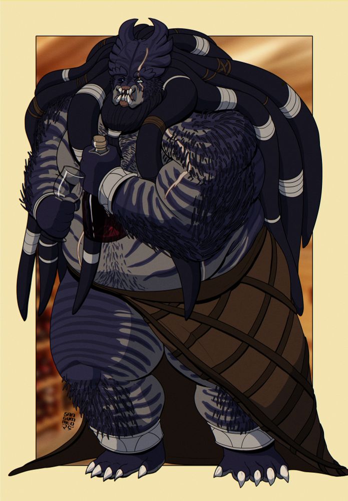 Ankethia, a huge blue and tan elder yautja cheekily holding a bottle of home brewed wine and a wine glass. 