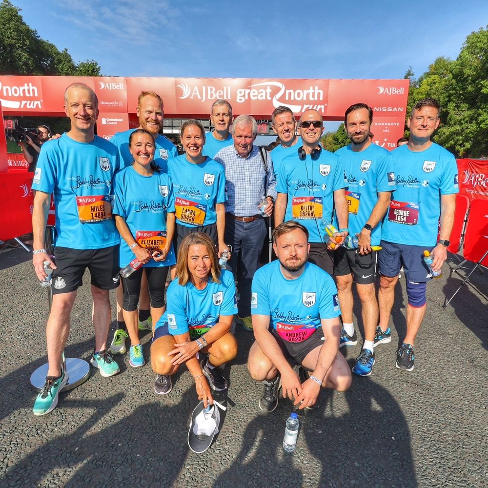 The 2023 Sir Bobby Robson Team at the start of the Great North Run with Sir Brendan Foster