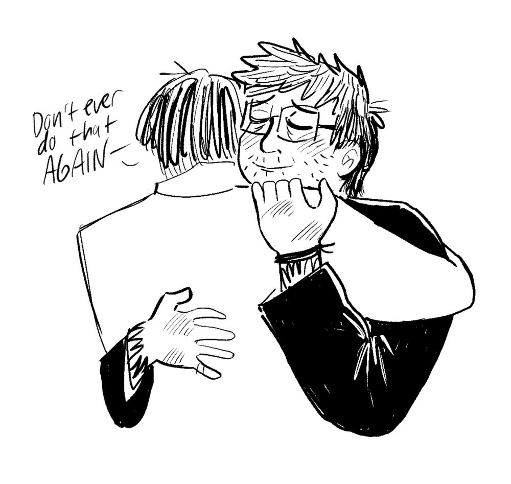 A drawing of Newt hugging Hermann. Hermann is saying, “don’t ever do that AGAIN-“ Newt is smiling and simply hugging back.
