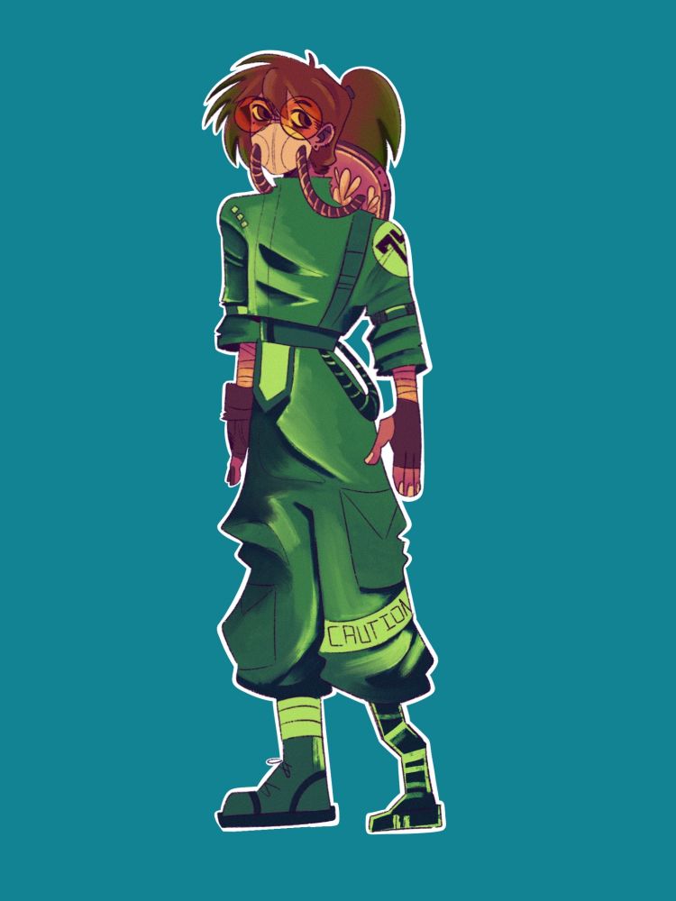 A Young man in an all green futuristic outfit, he has in a gas mask attacked to a glass backpack with plants in it, he has on yellow tinted round glasses, and he's missing his left leg, it's replaced with a prosthetic closer to a prosthetic made for running.