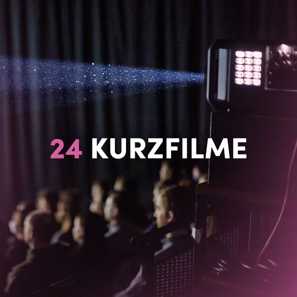 Eine Ankündigungsgrafik zum Bilderbebenfestifal am 24.11.2023 auf der ein Kino, eine Kamera und 24 Kurzfilme zu sehen sind