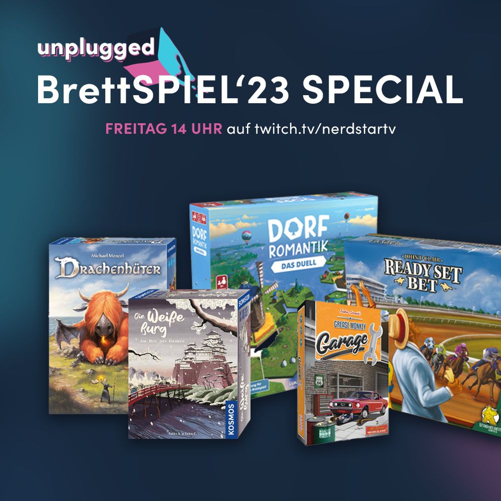 Ankündigungsgrafik zum BrettSPIEL Special 23 - vlnr sind Packshots von Drachenhüter, Die Weiße Burg, Dorfromantik Das Duell, Grease Monkey Garage und Ready, Set, Bet zu sehen.