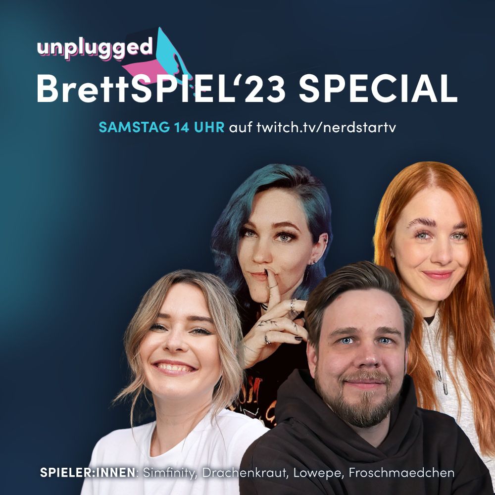 Ankündigungsgrafik zum BrettSPIEL Special 23. Vlnr sind simfinity nina, Drachenkraut, Lowepe und Froschmädchen_ zu erkennen.