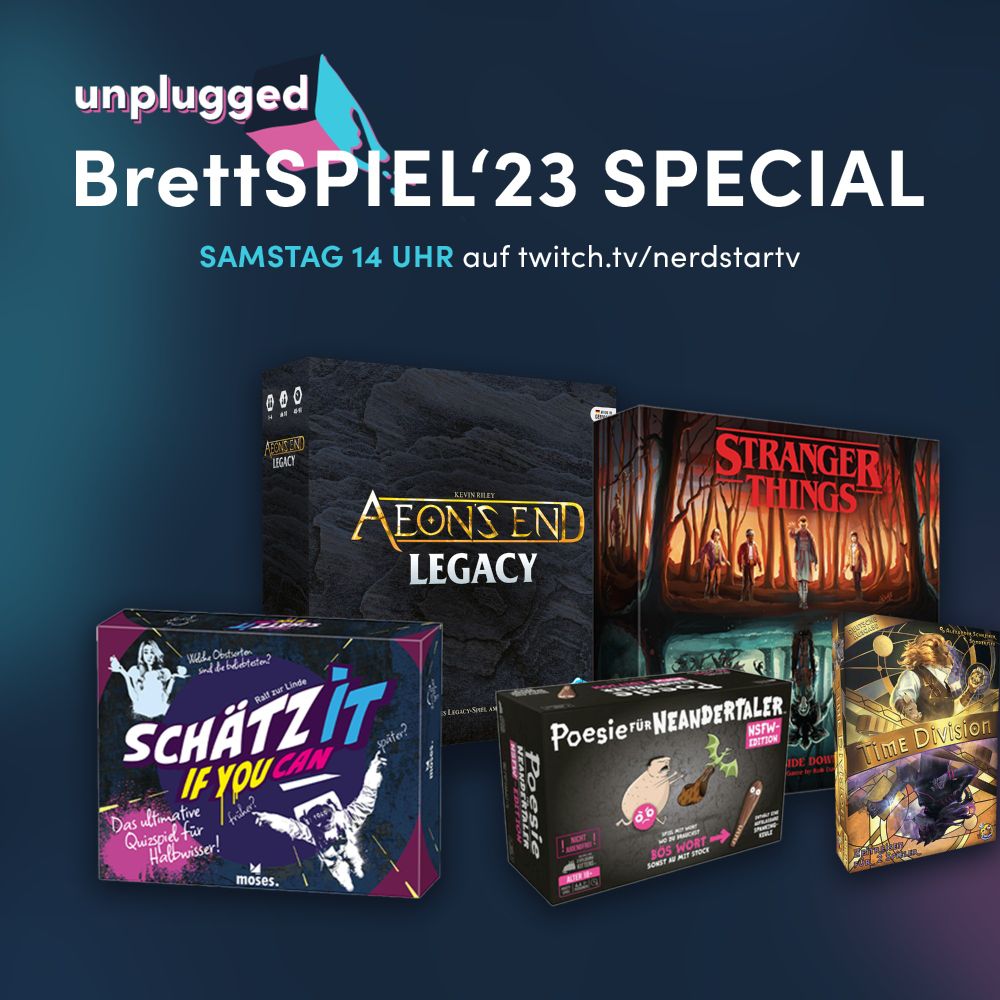 Ankündigungsgrafik zum BrettSPIEL Special 23 - vlnr sind Packshots von Schätz it if you can, Aeons End Legacy, Poesie für Neandertaler, Stranger Things - Upside Down und Time Division zu sehen.