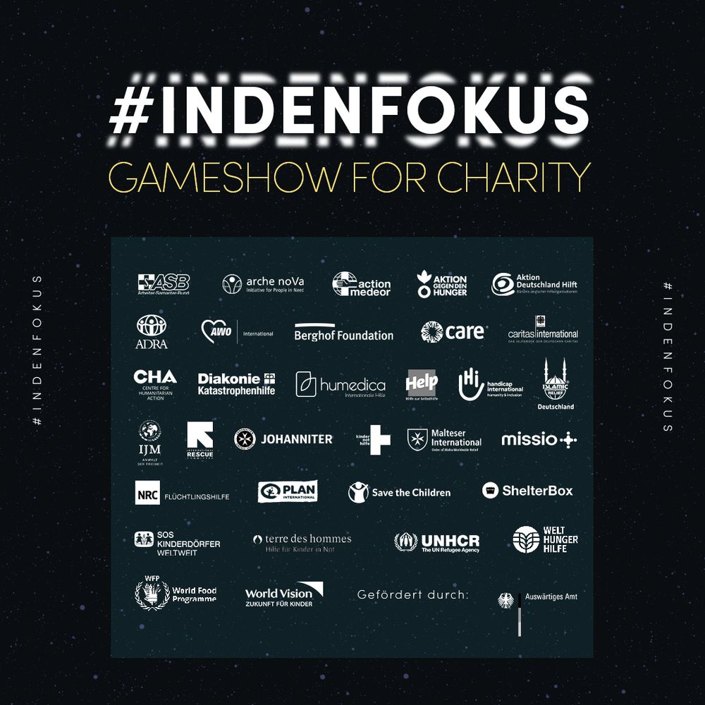 Eine Infografik zum #IndenFokus Charitystream: Eine Auflistung aller Teilnehmenden Organisationen zur #IndenFokus Kampagne