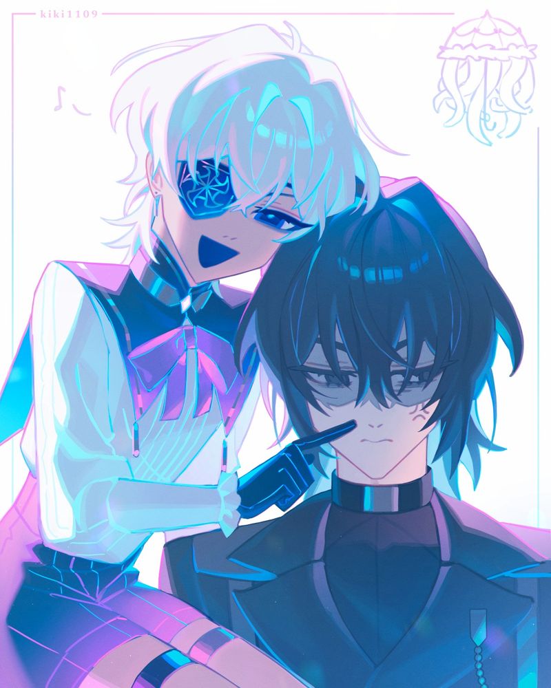 drawing of two of my original characters, a witch and a witch hunter. the witch is teasing the hunter by poking his face.