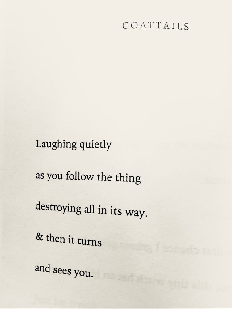 Laughing quietly
as you follow the thing
destroying all in its way.
& then it turns
and sees you. 

[Poem by Sam Pink]